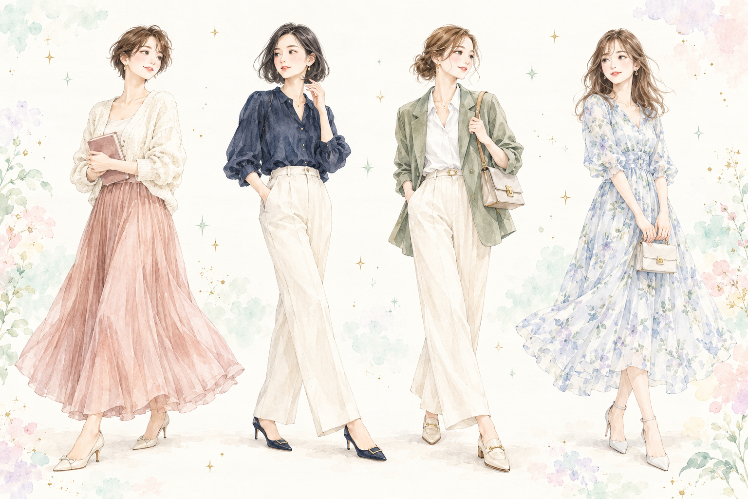 ピンク、ネイビー、グリーン、花柄の服を着た、雰囲気の異なる4人の水彩イラスト