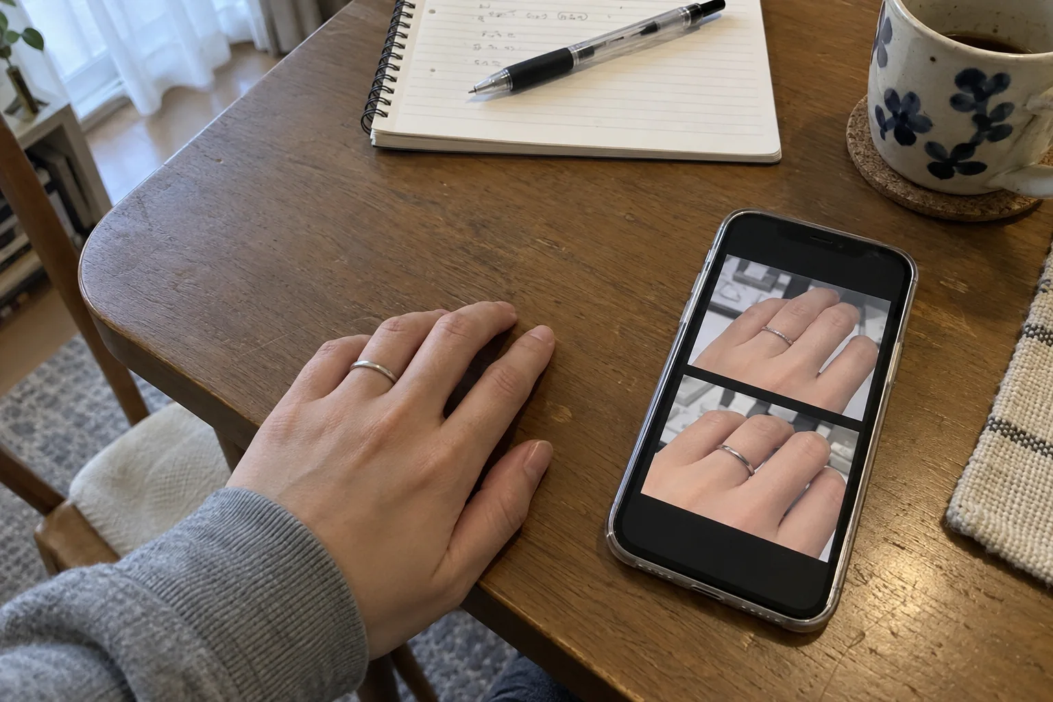 自宅のテーブルで、試着した指輪の写真をスマホで見返す様子